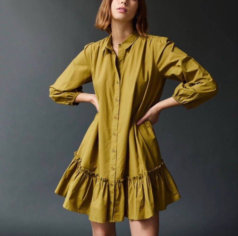 Anthropologie Shelley Olive Cotton Flounce Shirt Mini Dress Petite MP NWT